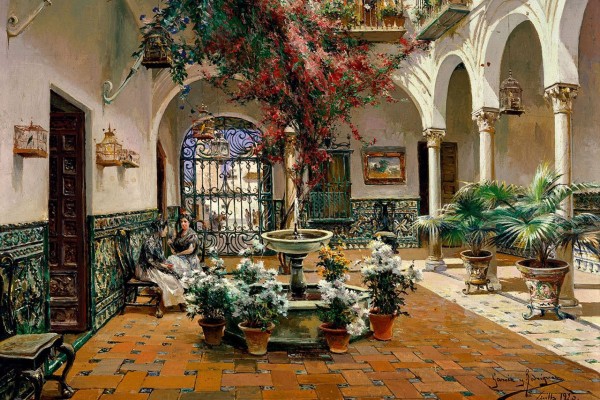 Two ladies talking in a garden by Manuel Garcia y Rodriguez